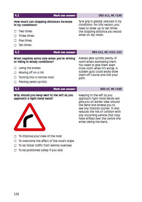 A page inside a book, showing some example questions from a theory test