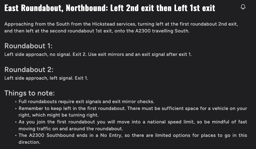 Text-based navigation instructions for a roundabout on a black background