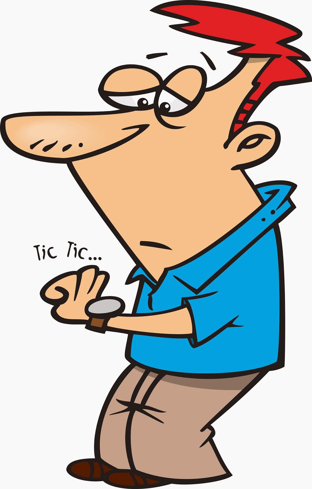 Cartoon illustration of a person with a red haircut and a blue shirt, looking at a watch and waiting impatiently.