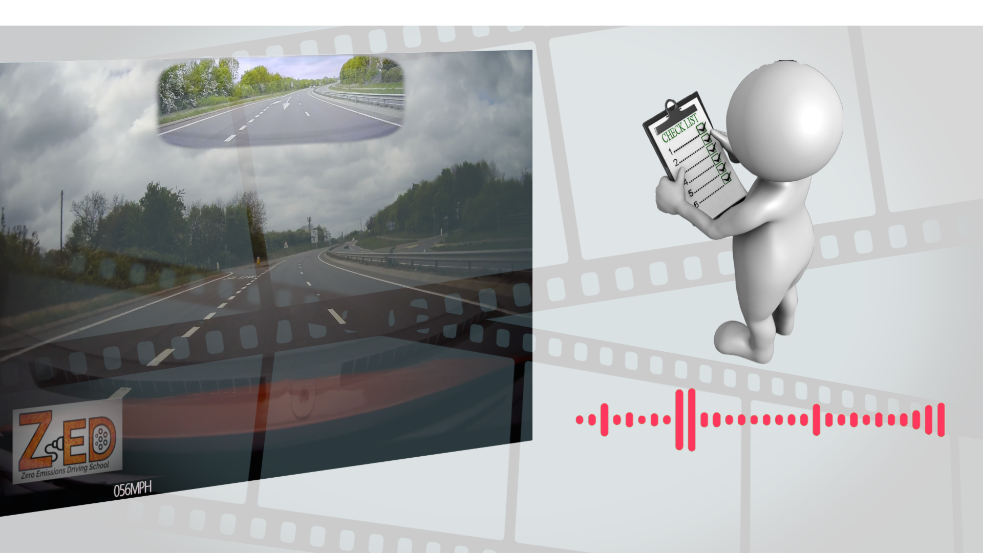 In-vehicle camera system with road view and person holding a tablet, ZED brand visible