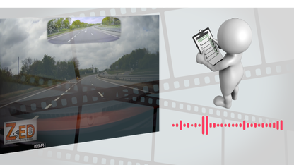 In-vehicle camera system with road view and person holding a tablet, ZED brand visible