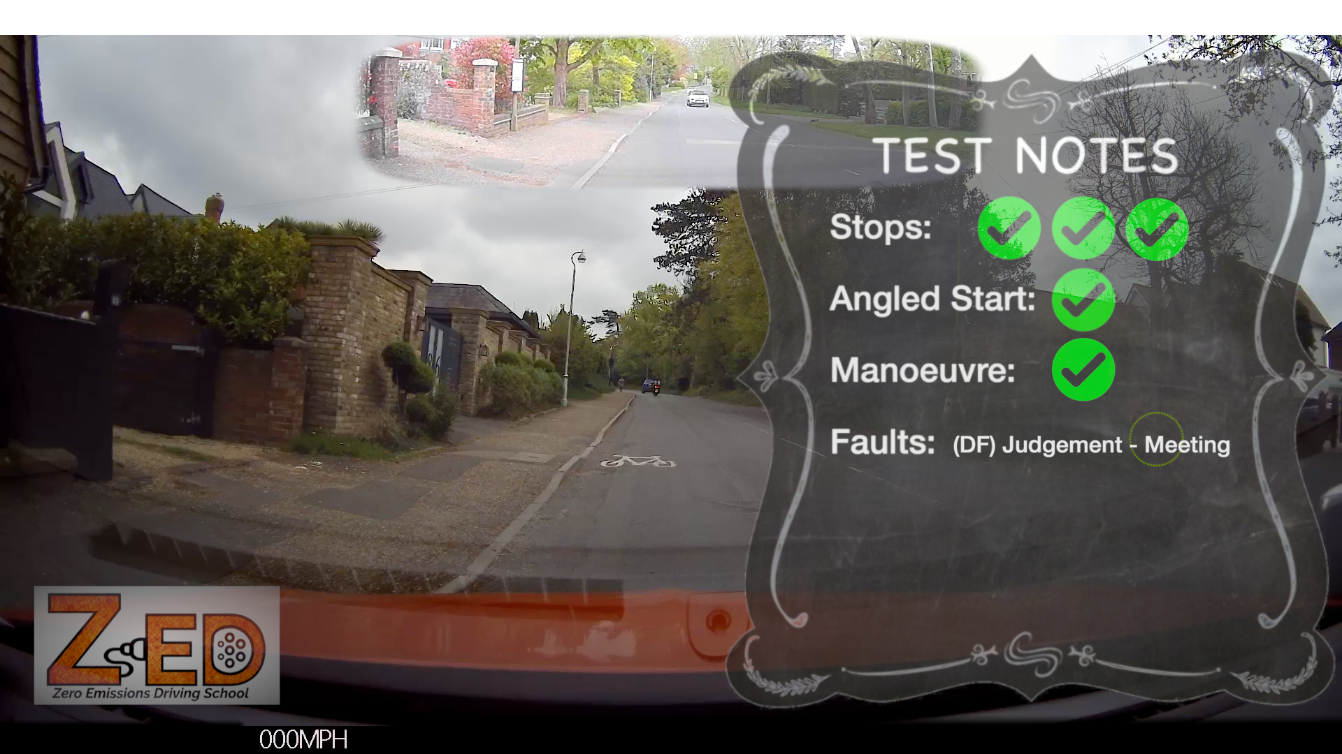 Driving test screen with road view and test notes on a cloudy day.