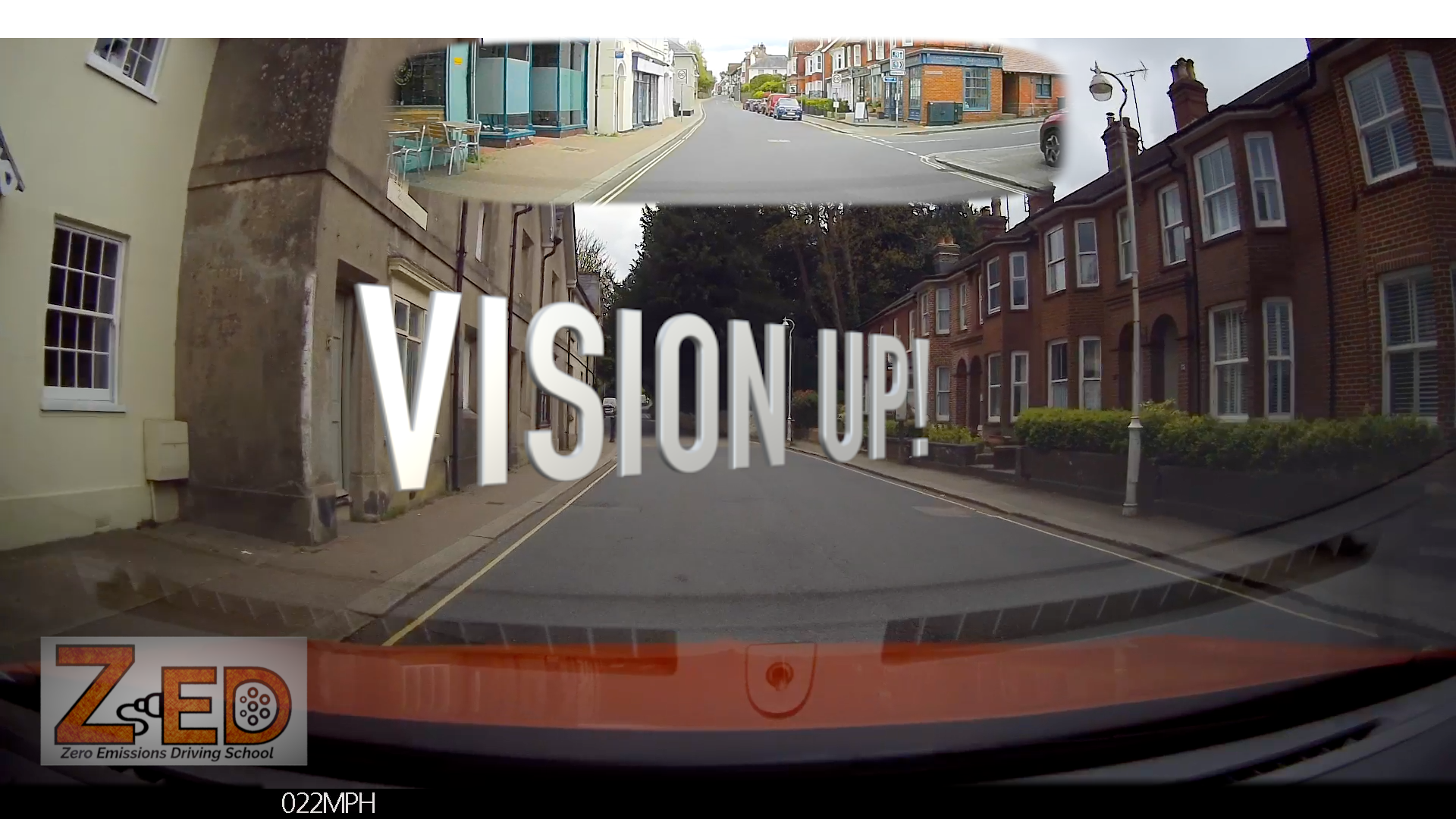 3D street view with 'VISION UP!' text and ZED logo, showing a street scene with buildings and trees.