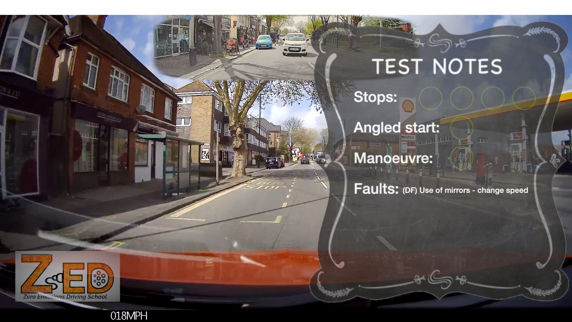 Driving test screen with a street scene and 'ZED' branding.