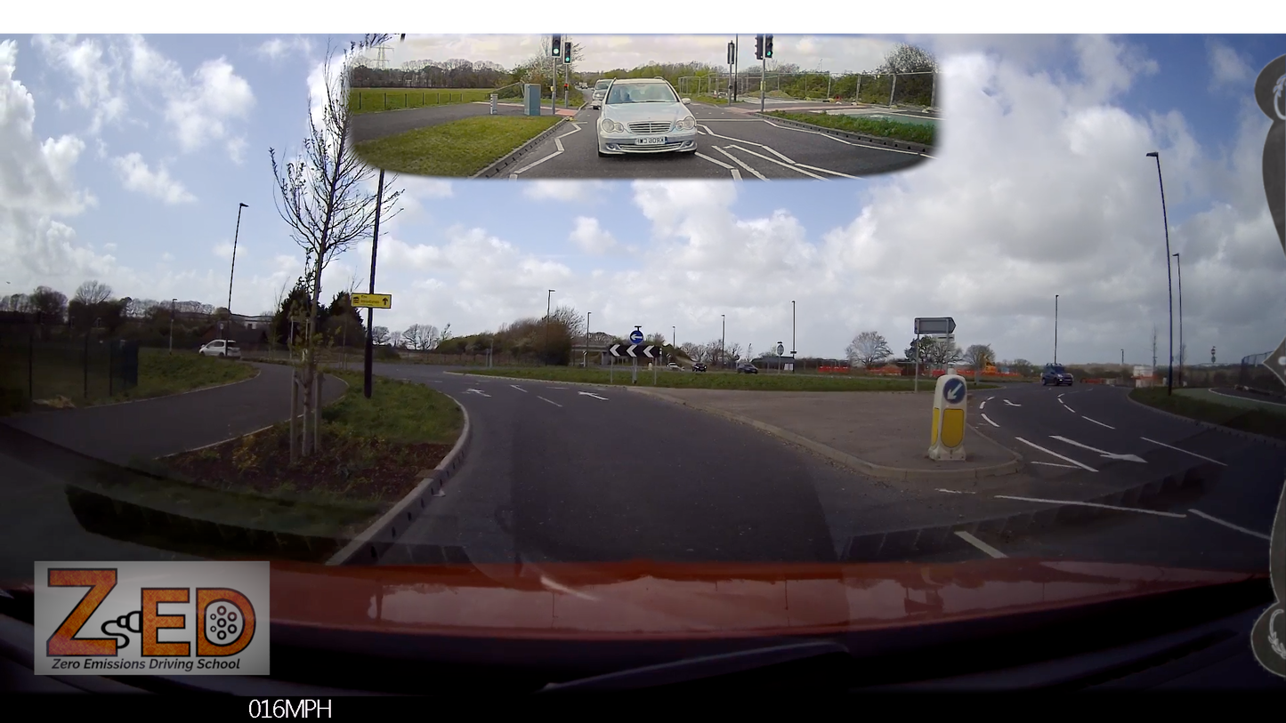 Multiple views of a road scene with a car and traffic signs, featuring the ZED logo.