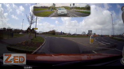 Multiple views of a road scene with a car and traffic signs, featuring the ZED logo.