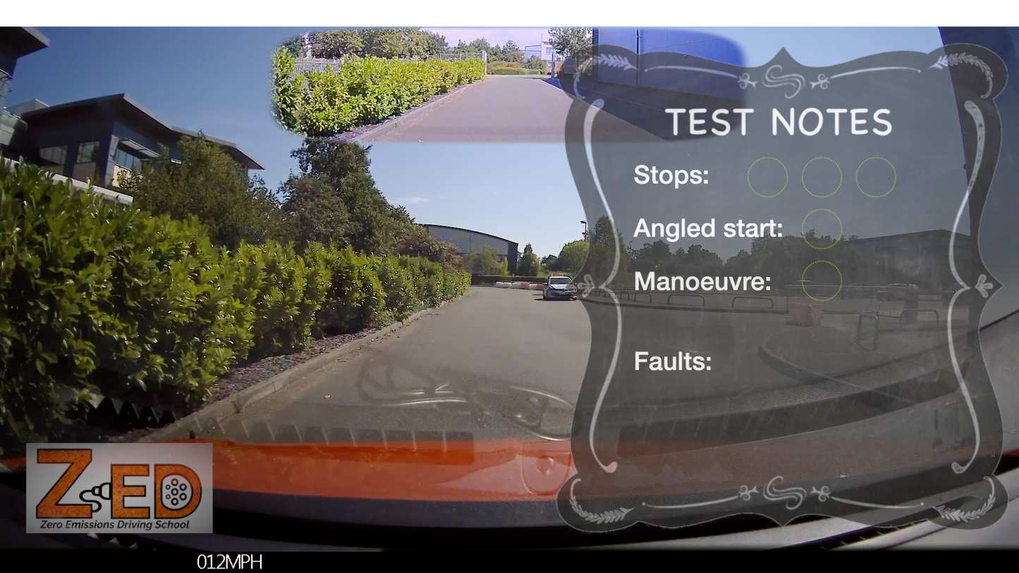A dashboard camera view from inside a vehicle showing a driveway or road with green hedges and houses, overlaid with a dark decorative panel labeled 'TEST NOTES' and a ZED logo in the lower left.