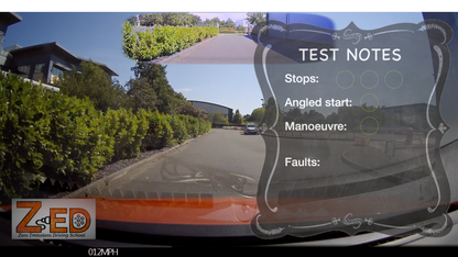 A dashboard camera view from inside a vehicle showing a driveway or road with green hedges and houses, overlaid with a dark decorative panel labeled 'TEST NOTES' and a ZED logo in the lower left.