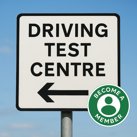 A white rectangular road sign with black text reading 'DRIVING TEST CENTRE' and a left-pointing arrow, mounted on a metal pole against a blue sky. A green circular badge in the lower right says 'BECOME A MEMBER'.