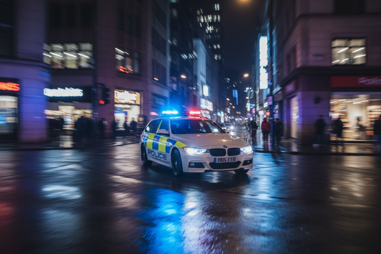 Police car with flashing lights on a city street at night
